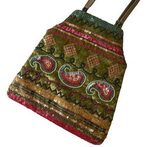 Bohemian embroidered velvet small handbag tote art to wear green multicolor